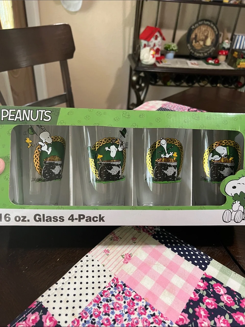 New Peanuts Snoopy 16 oz. Glass 4-Pack - Green Print